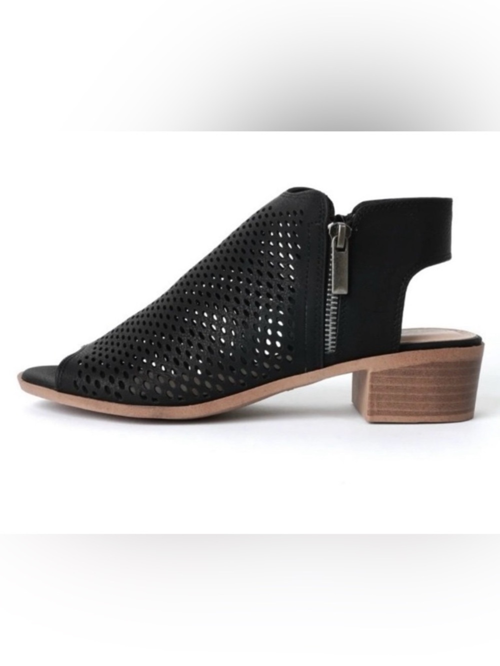 NIB, J Adams Tracy Black Perforated Open Toe Mule Sandals in Vegan Leather